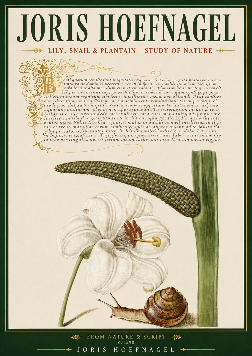 Joris Hoefnagel Lily, Snail & Plantain - Study of Nature No5 - Plakat