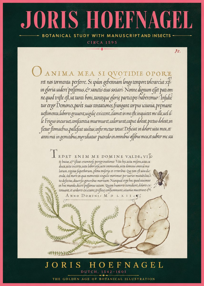 Joris Hoefnagel Botanical Study with Manuscript and Insects No4 - Plakat