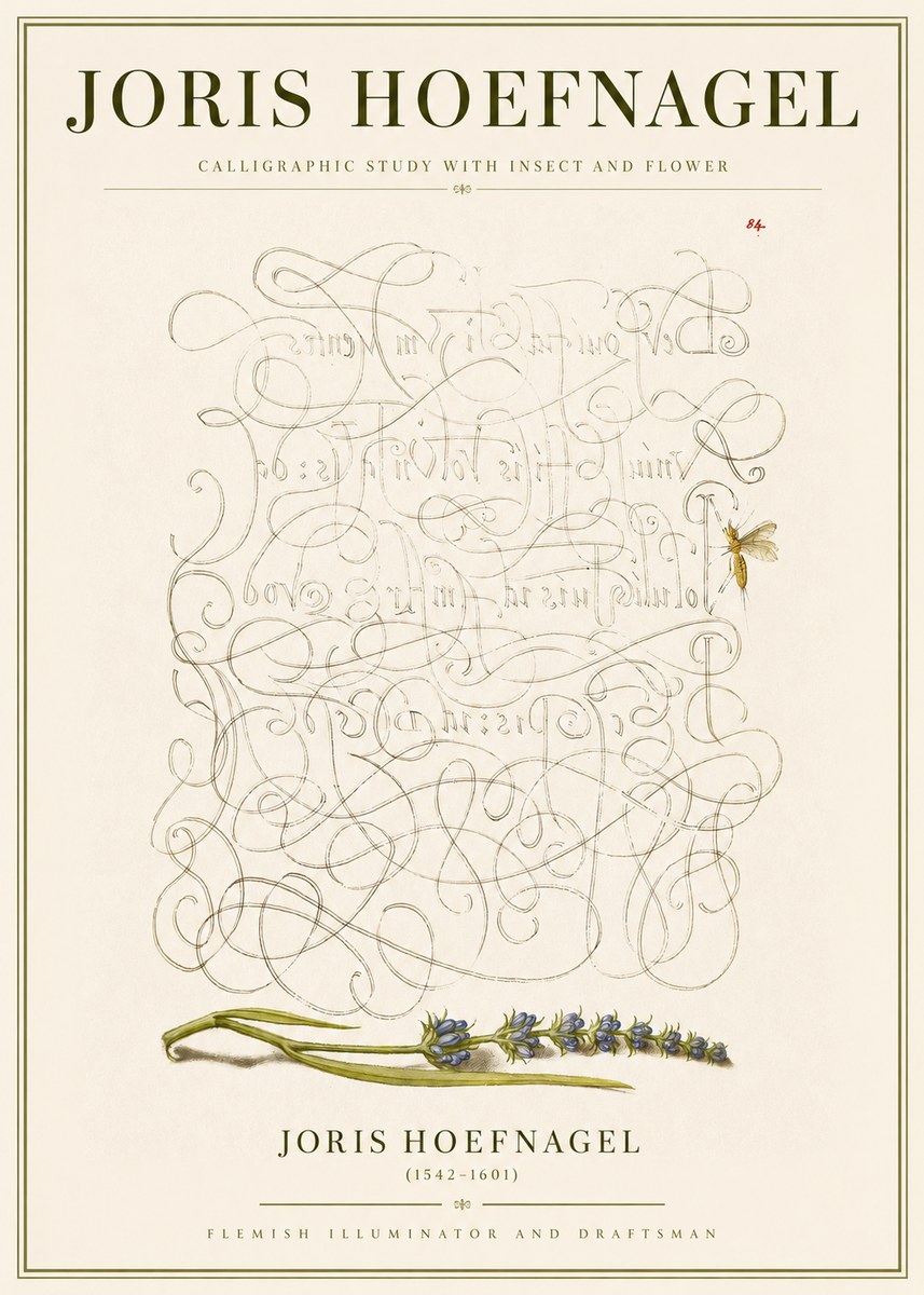 Joris Hoefnagel Calligraphic Study with Insect and Flower No3 - Plakat