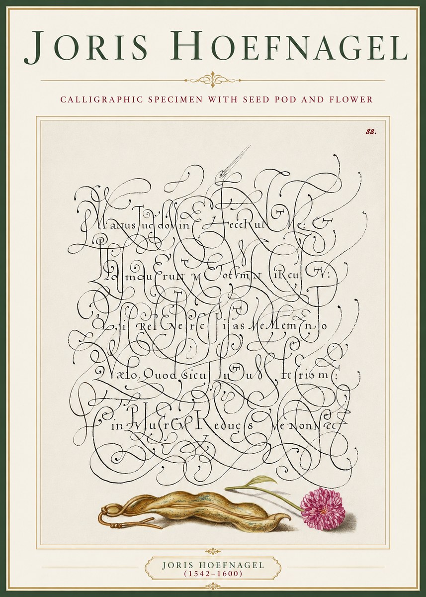 Joris Hoefnagel Calligraphic Specimen with Seed Pod and Flower No3 - Plakat