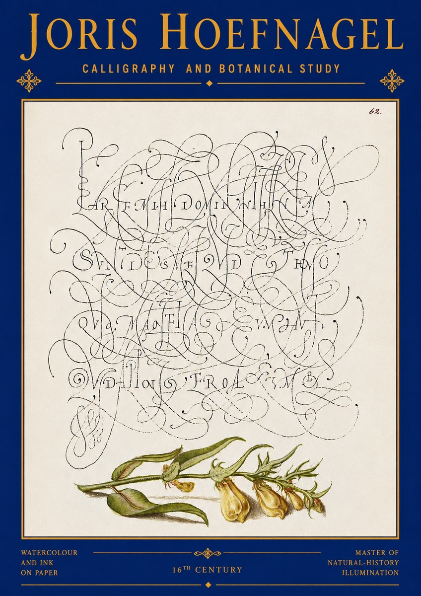 Joris Hoefnagel Calligraphic Practice with Botanical Study No6 - Plakat
