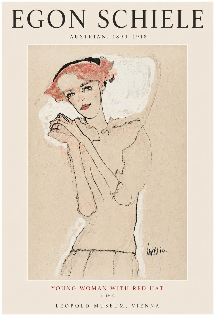Schiele Young Woman with Red Hat No1 - Plakat