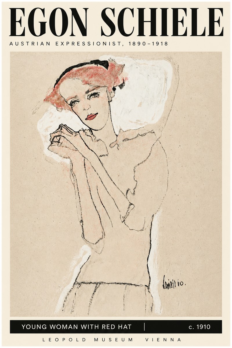 Schiele Young Woman with Red Hat No3 - Plakat