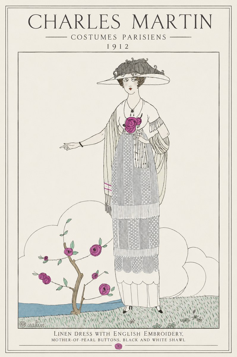 Charles Martin Linen Dress with English Embroidery, Mother-of-pearl Buttons, Black and White Shawl No1 - Plakat