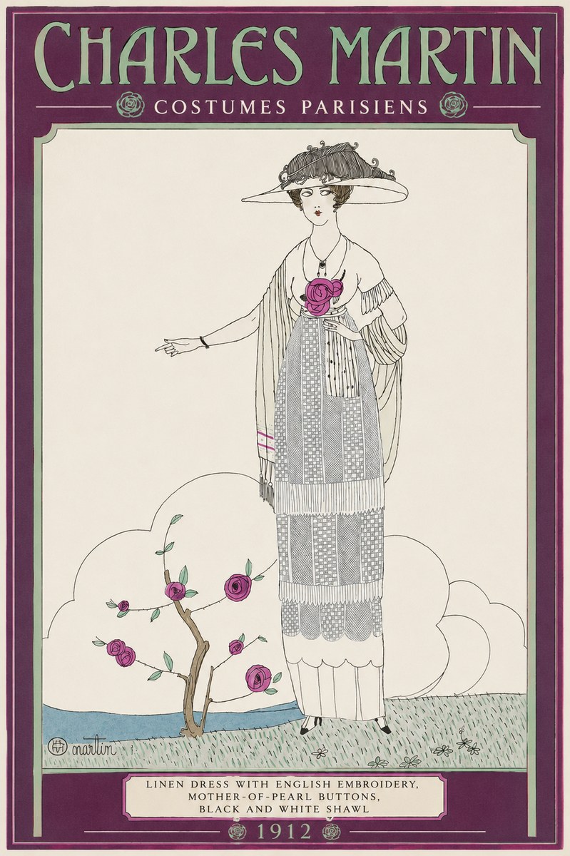 Charles Martin Linen Dress with English Embroidery, Mother-of-pearl Buttons, Black and White Shawl No2 - Plakat