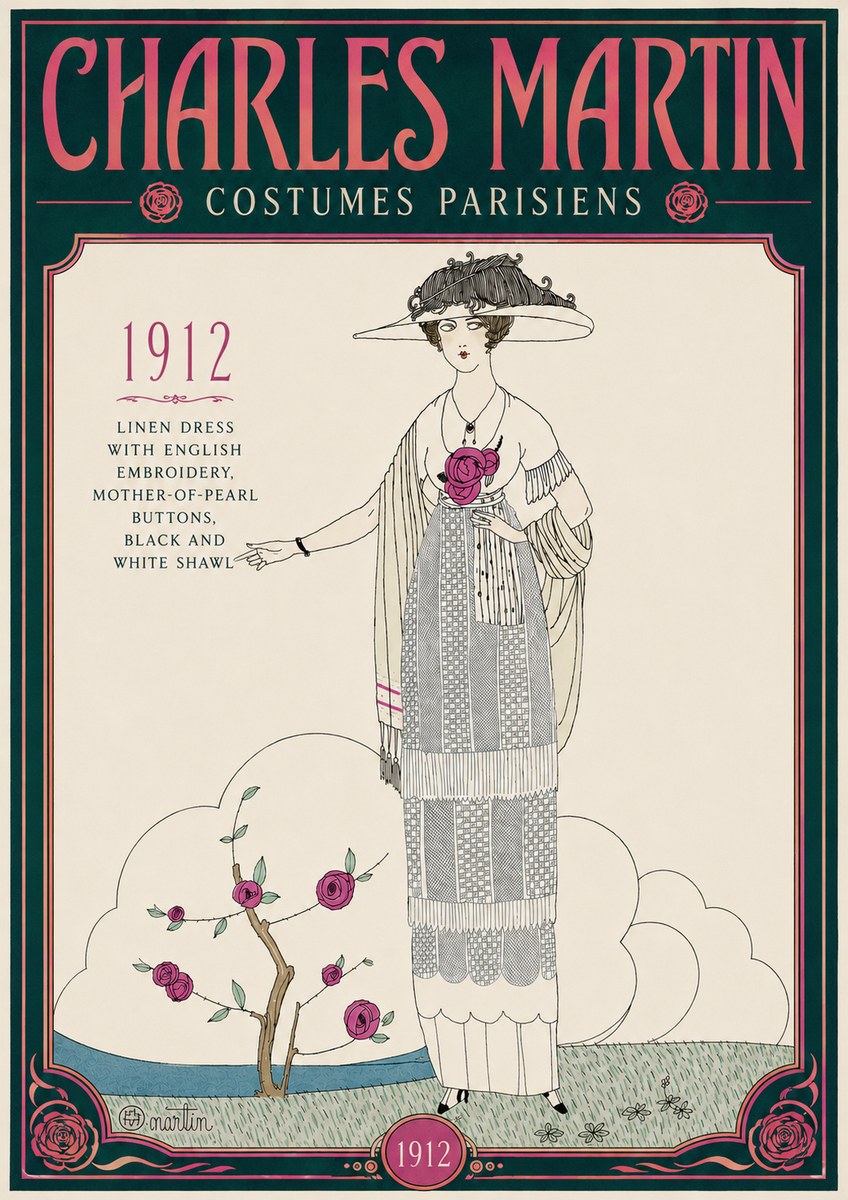 Charles Martin Linen Dress with English Embroidery, Mother-of-pearl Buttons, Black and White Shawl No4 - Plakat