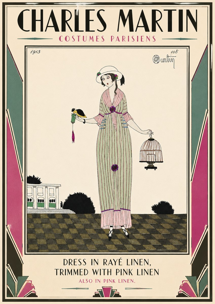 Charles Martin Dress in Rayé Linen, Trimmed with Pink Linen No3 - Plakat