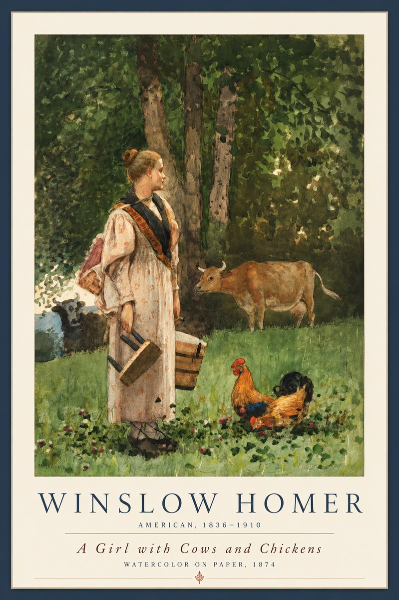 Winslow Homer A Girl with Cows and Chickens No2 - Plakat