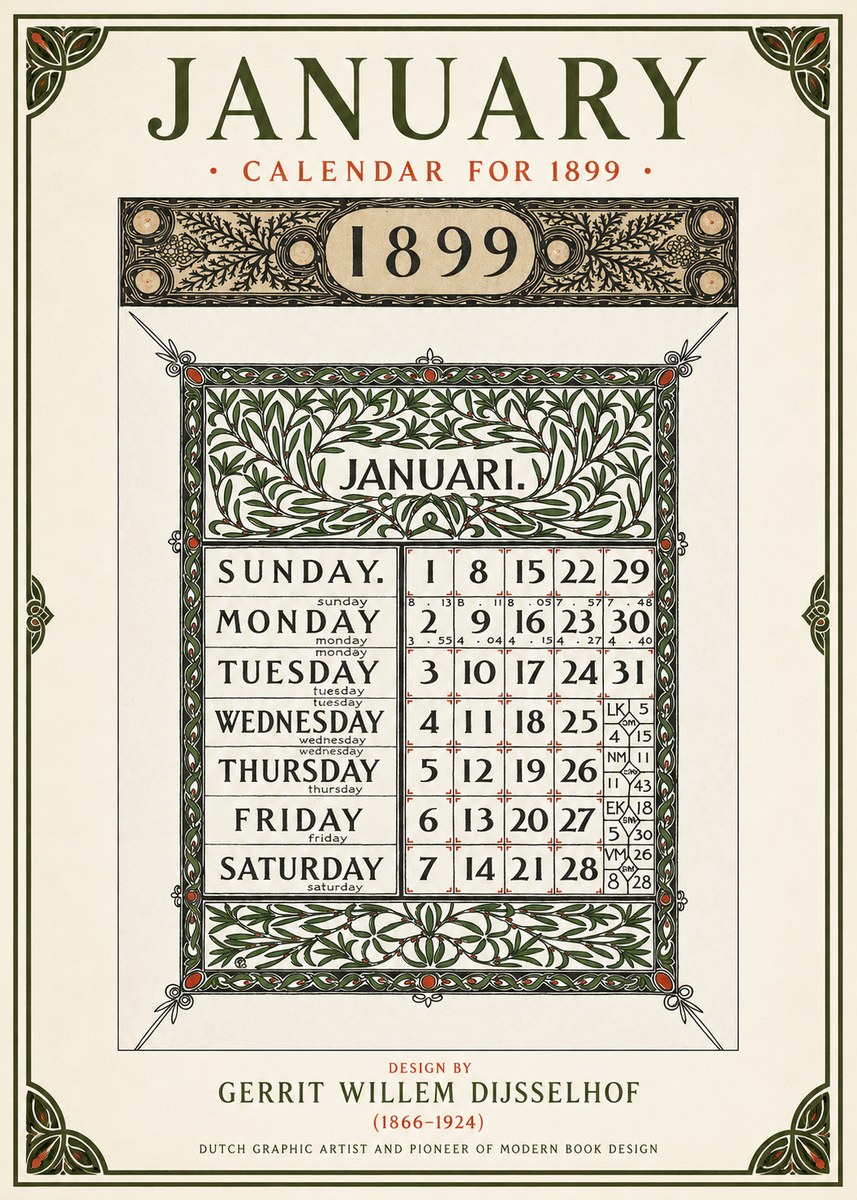 Gerrit Willem Dijsselhof January. Calendar for 1899. No1 - Plakat