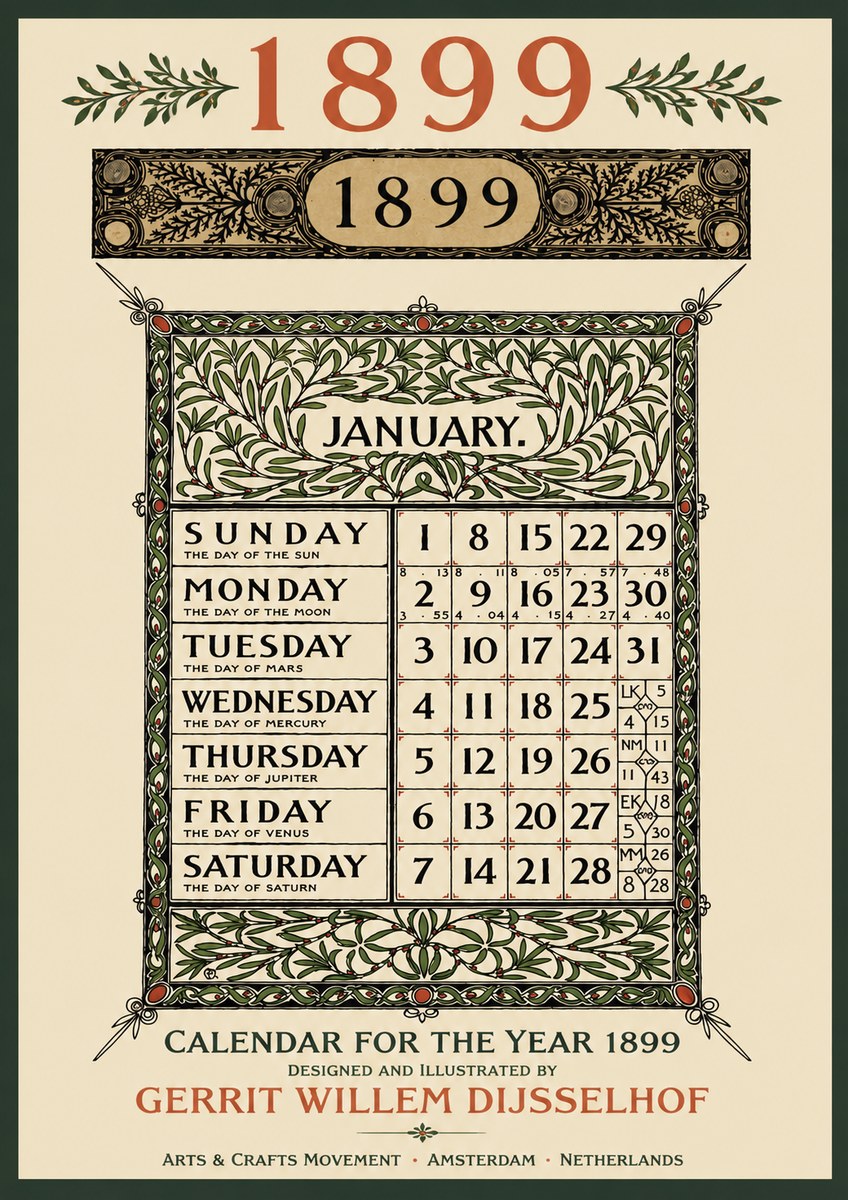 Gerrit Willem Dijsselhof January. Calendar for 1899. No3 - Plakat
