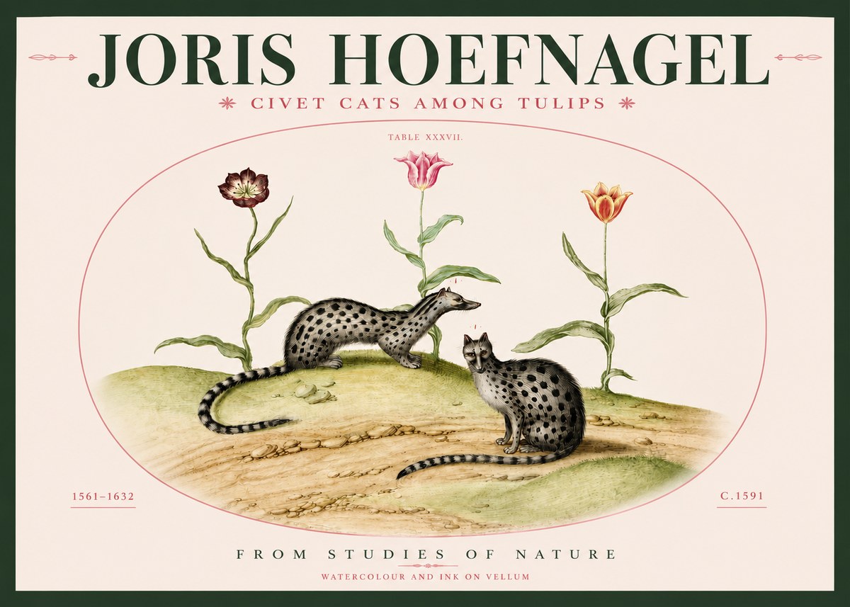 Joris Hoefnagel Civet Cats Among Tulips No3 - Plakat