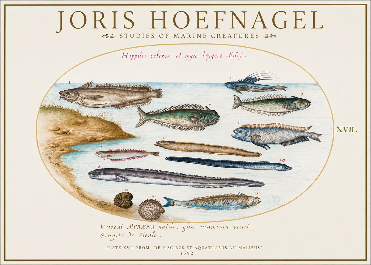 Joris Hoefnagel Plate Xvii from "De Piscibus Et Aquatilibus Animalibus" No1 - Plakat