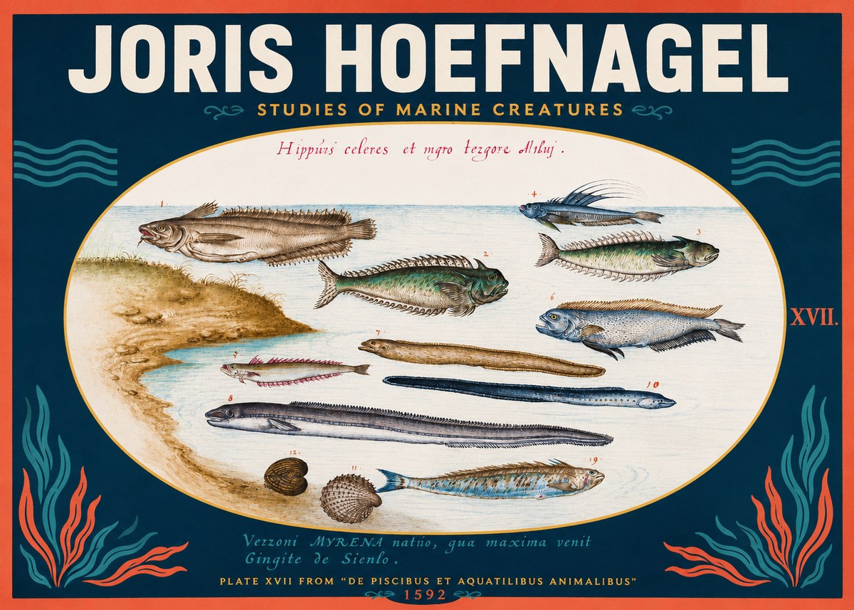 Joris Hoefnagel Plate Xvii from "De Piscibus Et Aquatilibus Animalibus" No2 - Plakat