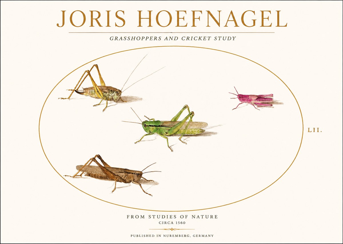 Joris Hoefnagel Three Grasshoppers and a Locust No2 - Plakat