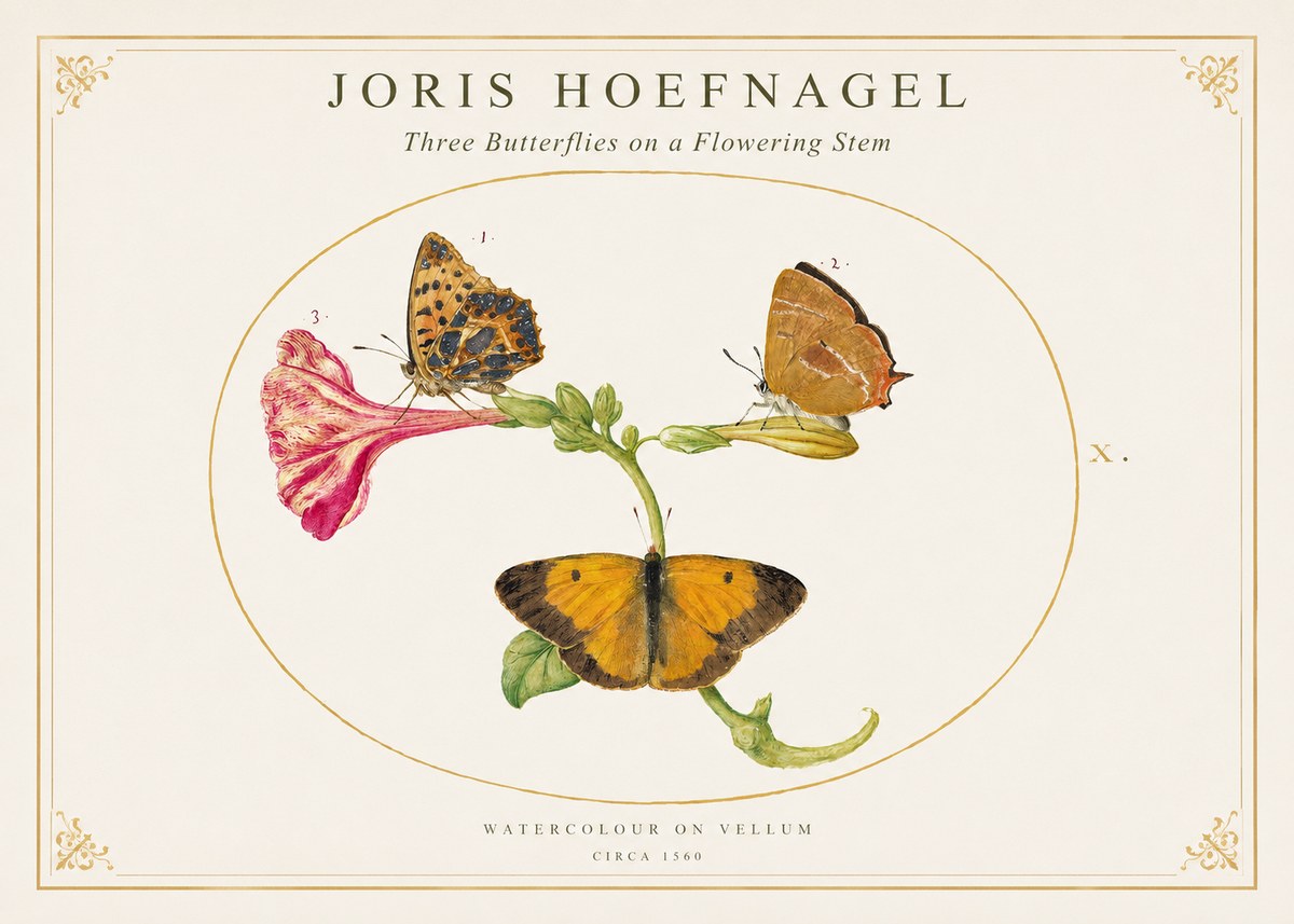Joris Hoefnagel Three Butterflies on a Flowering Stem No1 - Plakat