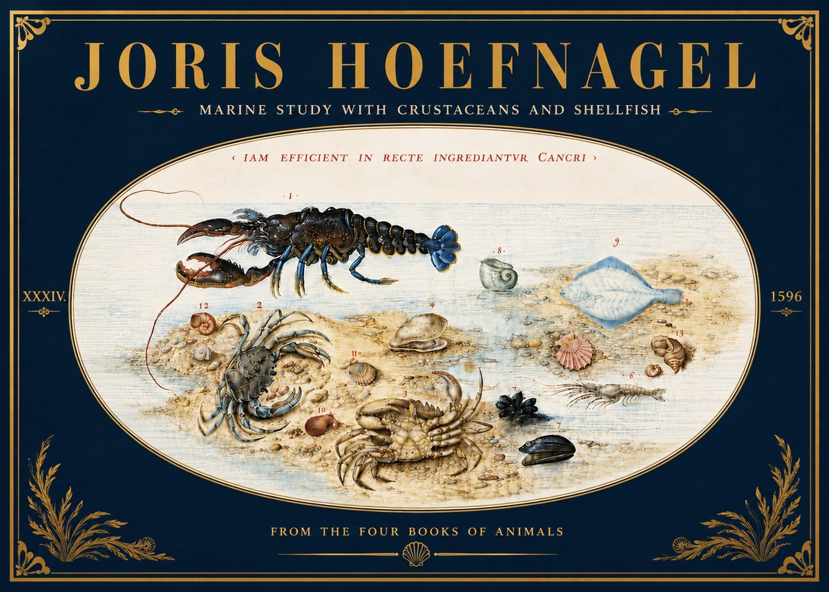 Joris Hoefnagel Marine Study with Crustaceans and Shellfish No6 - Plakat