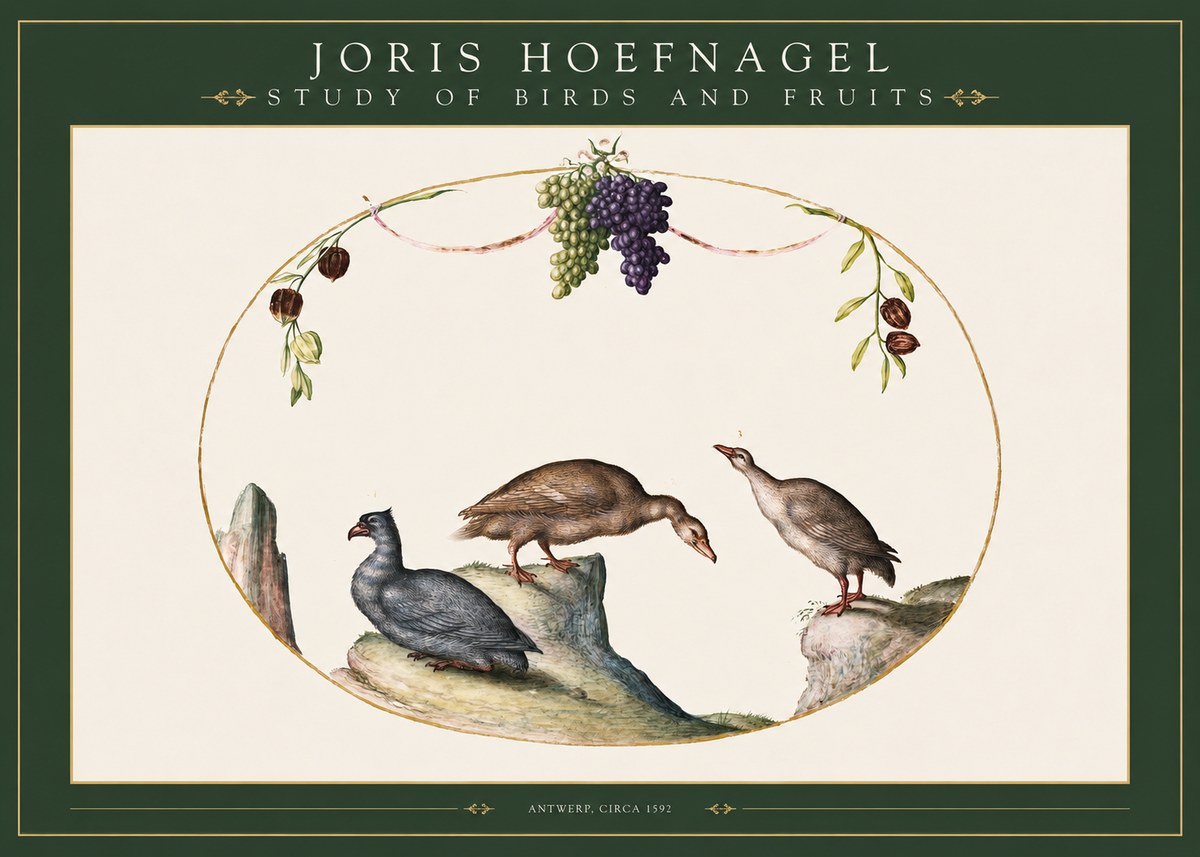 Joris Hoefnagel Three Birds with Grapes and Inscription No3 - Plakat