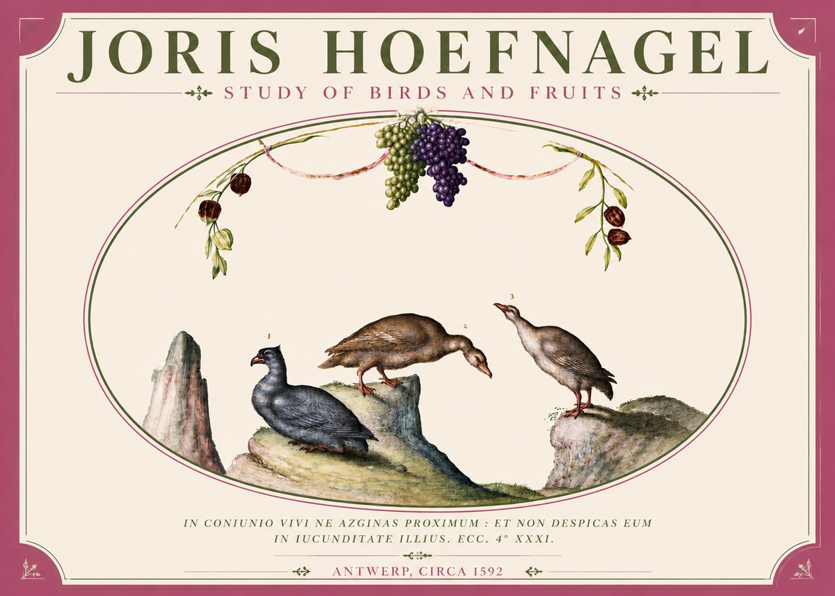 Joris Hoefnagel Three Birds with Grapes and Inscription No6 - Plakat
