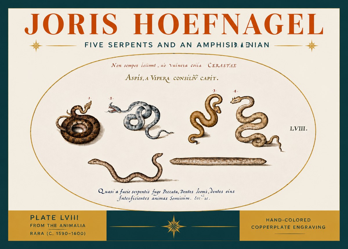 Joris Hoefnagel Five Serpents and an Amphisbaenian No6 - Plakat