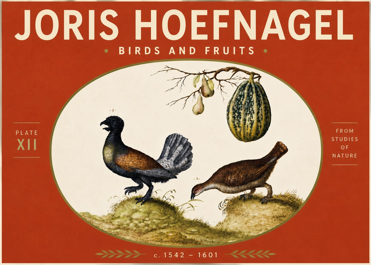 Joris Hoefnagel A Cock and Hen of the Woods with Pears and Gourd No5 - Plakat