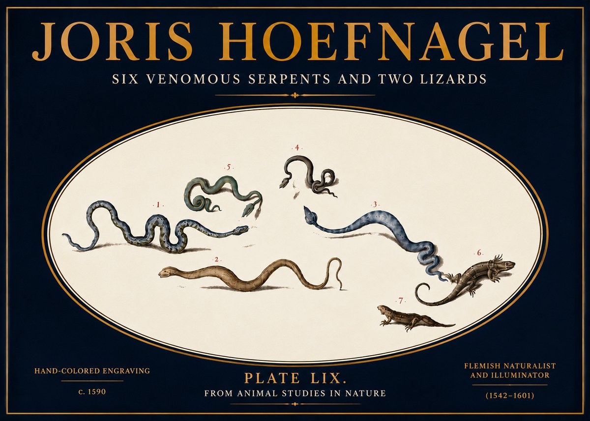 Joris Hoefnagel Six Venomous Serpents and Two Lizards No5 - Plakat