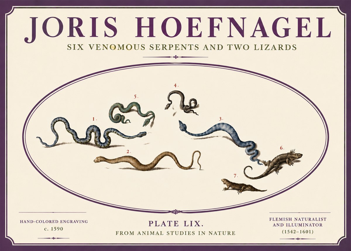 Joris Hoefnagel Six Venomous Serpents and Two Lizards No6 - Plakat