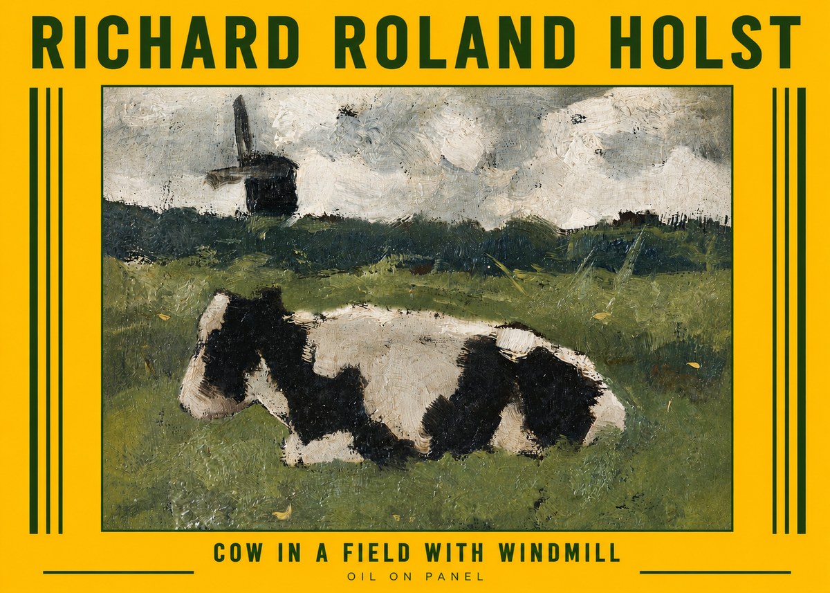 Richard Roland Holst Cow in a Field with Windmill No6 - Plakat
