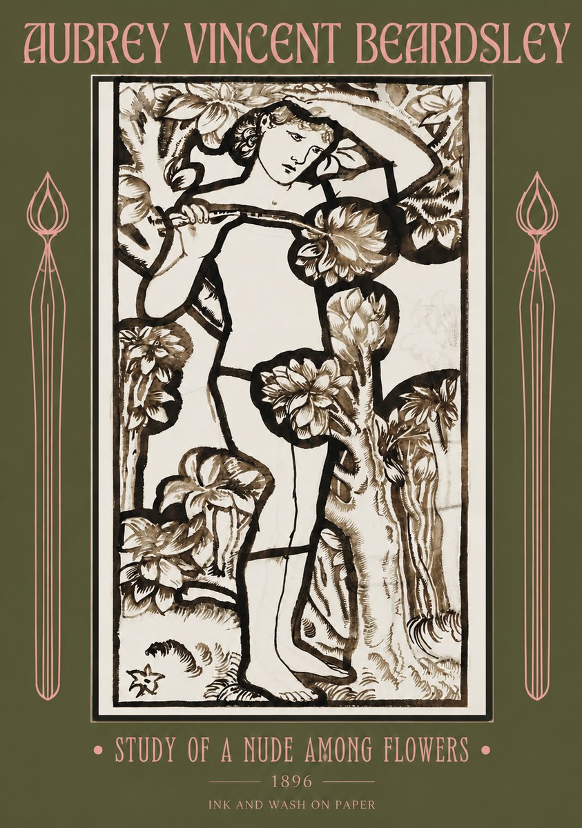Aubrey Beardsley Study of a Nude Among Flowers No2 - Plakat