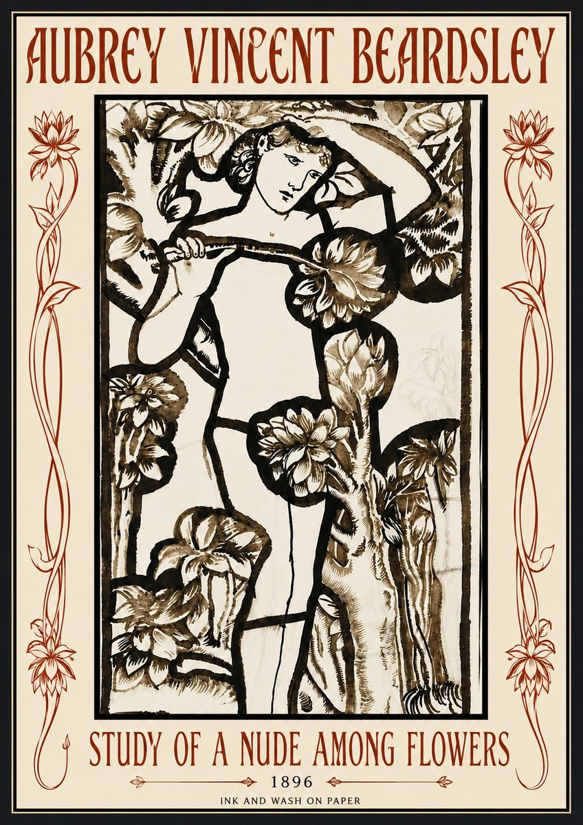 Aubrey Beardsley Study of a Nude Among Flowers No6 - Plakat