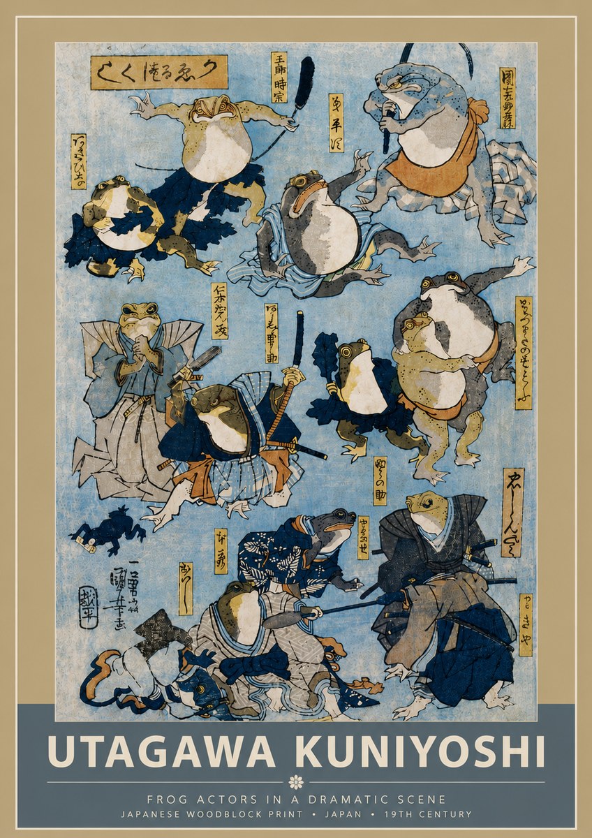 Utagawa Kuniyoshi Frog Actors in a Dramatic Scene No5 - Plakat