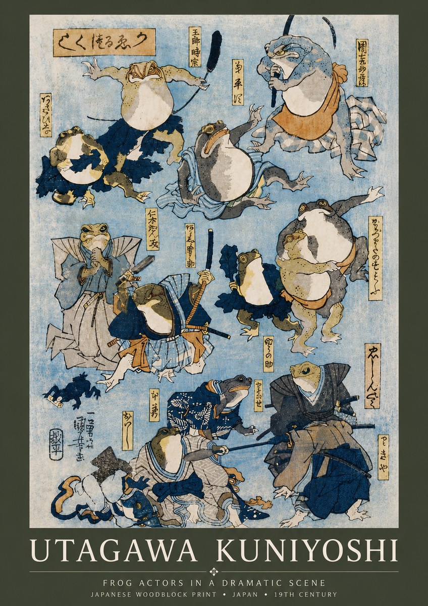 Utagawa Kuniyoshi Frog Actors in a Dramatic Scene No6 - Plakat