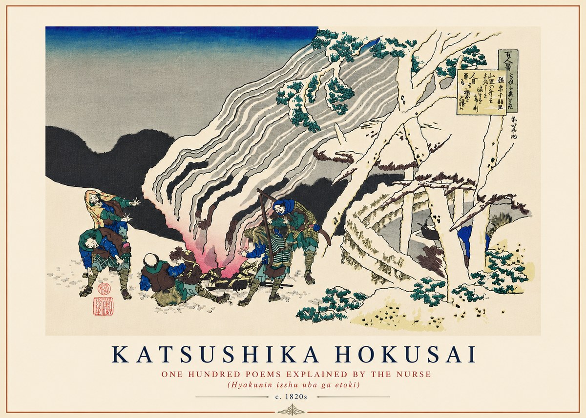 Katsushika Hokusai One Hundred Poems Explained by the Nurse (Hyakunin Isshu Uba Ga Etoki) No8 - Plakat