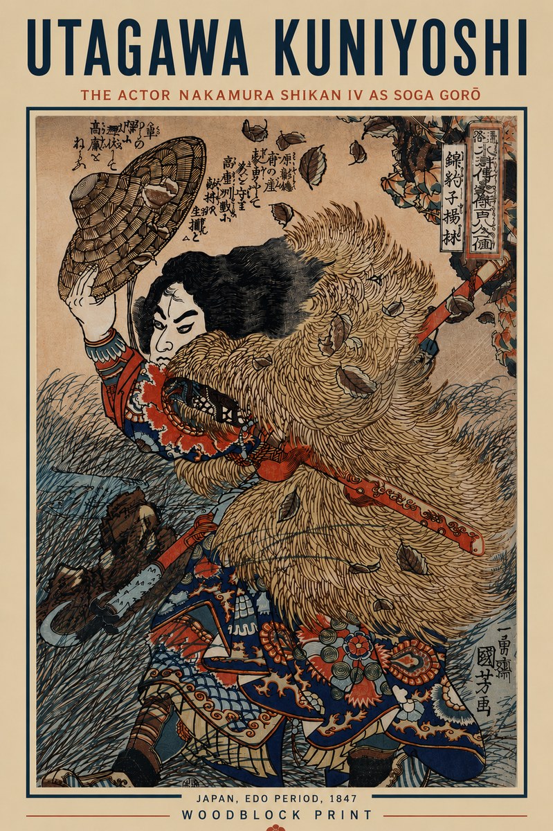 Utagawa Kuniyoshi The Actor Nakamura Shikan Iv as Soga Gorō No6 - Plakat