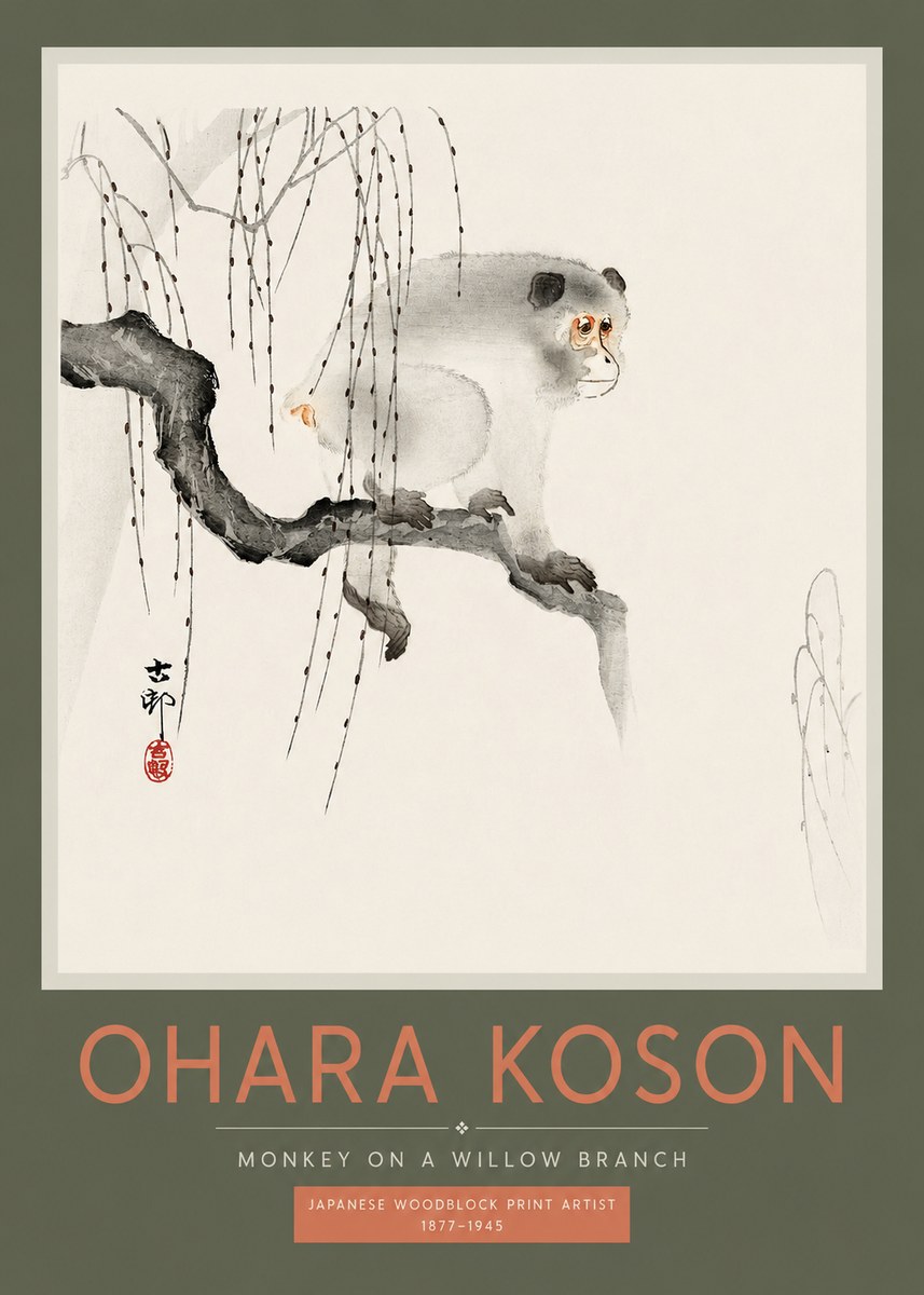 Ohara Koson Monkey on a Willow Branch No2 - Plakat