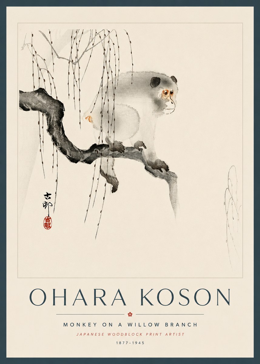 Ohara Koson Monkey on a Willow Branch No5 - Plakat