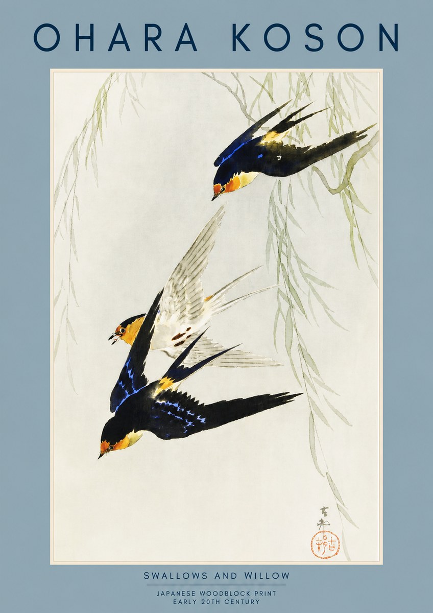 Ohara Koson Swallows and Willow I No2 - Plakat