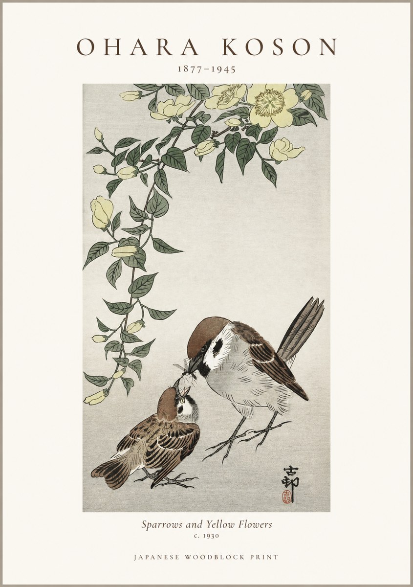 Ohara Koson Sparrows and Yellow Flowers No1 - Plakat
