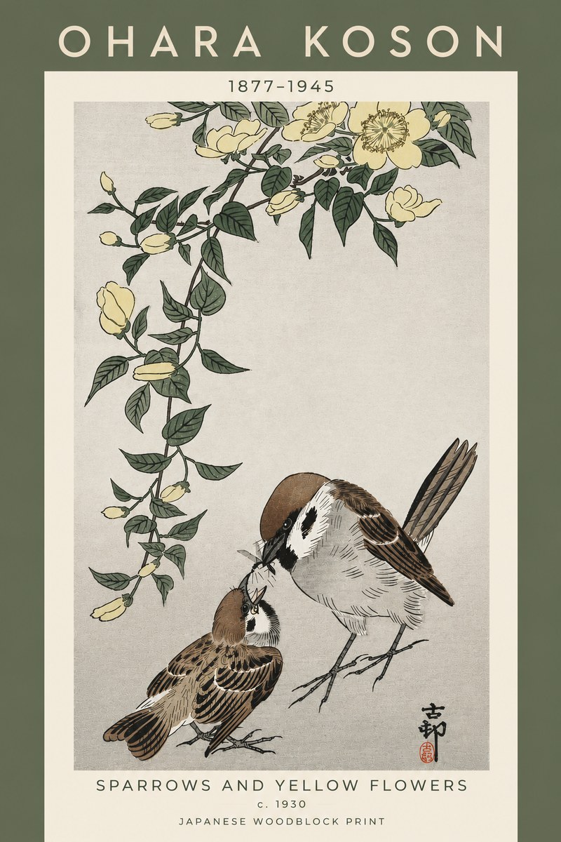 Ohara Koson Sparrows and Yellow Flowers No5 - Plakat