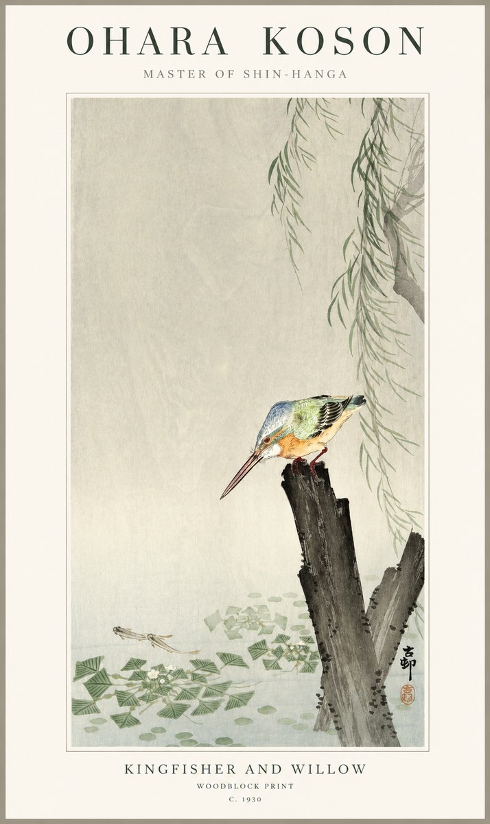 Ohara Koson Kingfisher and Willow No1 - Plakat
