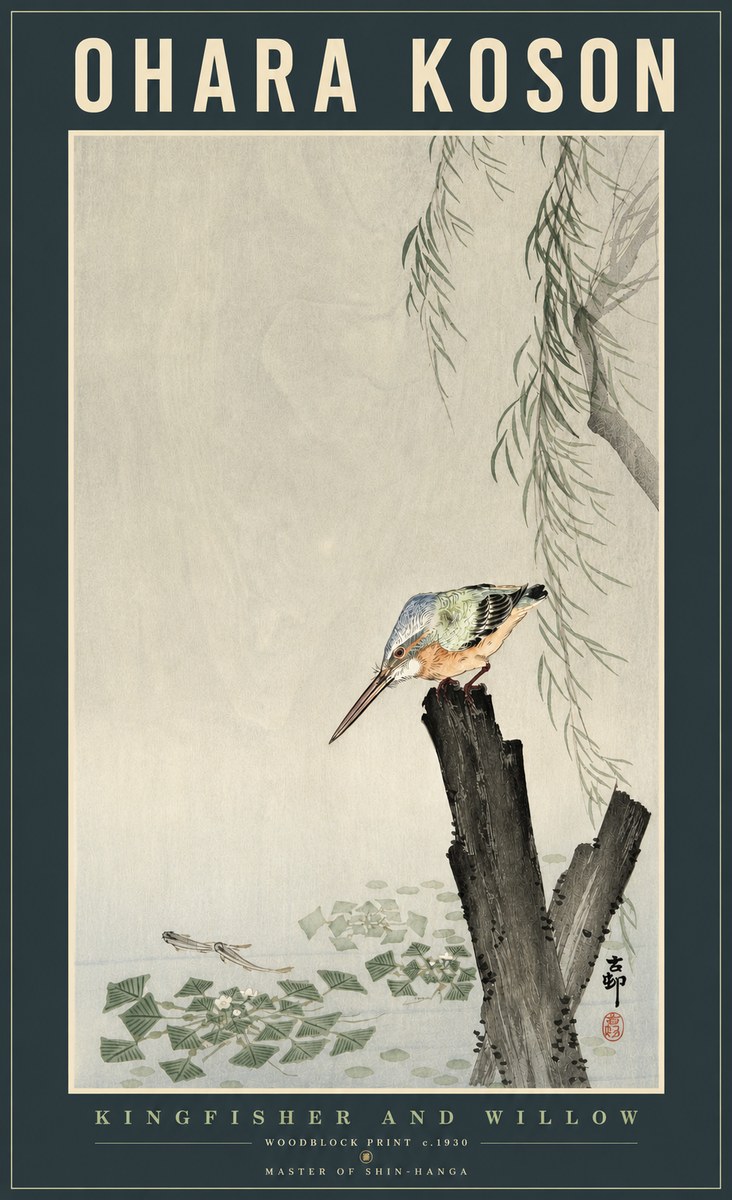 Ohara Koson Kingfisher and Willow No2 - Plakat