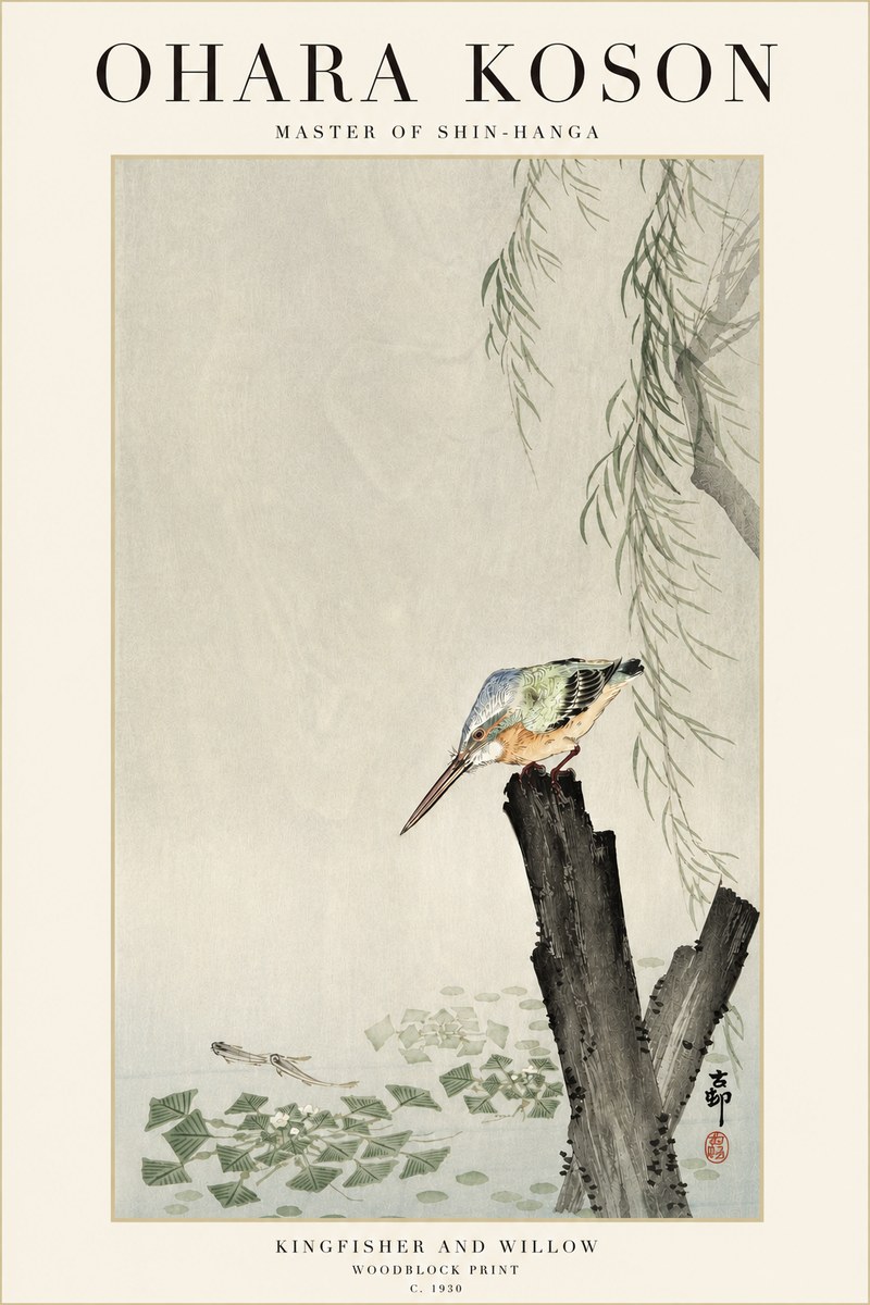 Ohara Koson Kingfisher and Willow No3 - Plakat