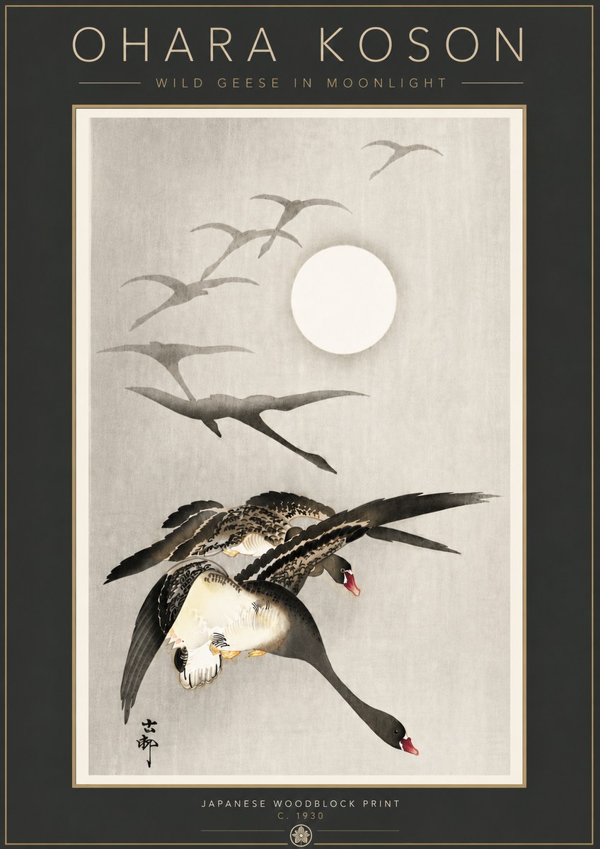 Ohara Koson Wild Geese in Moonlight I No6 - Plakat