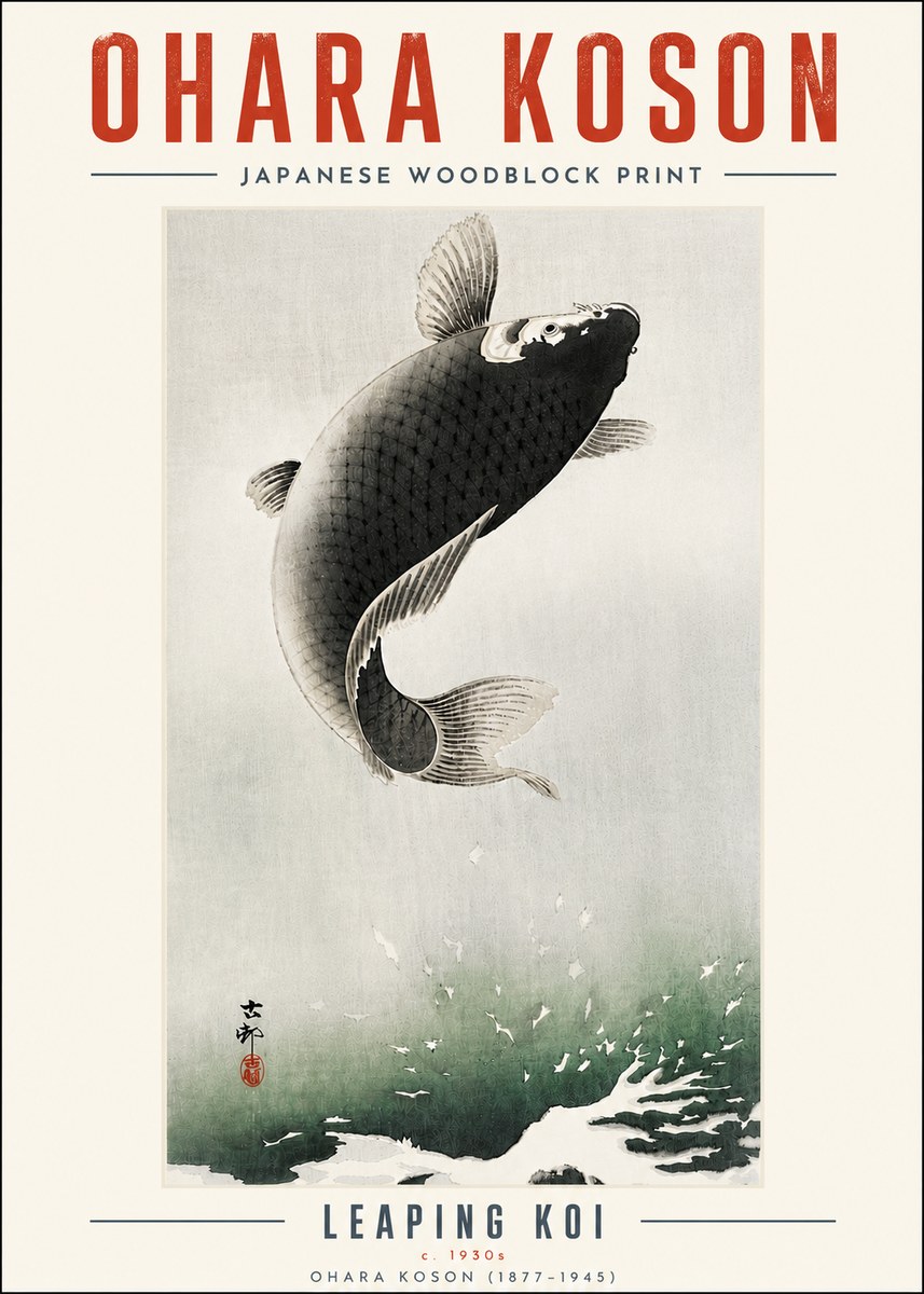 Ohara Koson Leaping Koi II No5 - Plakat