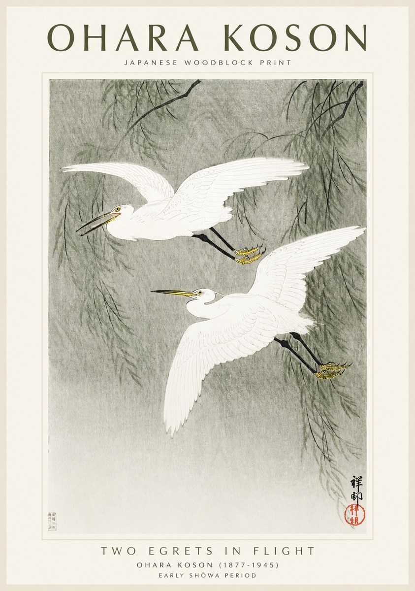 Ohara Koson Two Egrets in Flight No1 - Plakat
