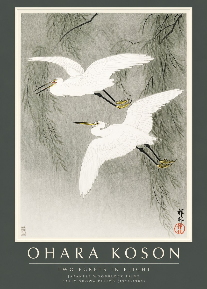 Ohara Koson Two Egrets in Flight No2 - Plakat
