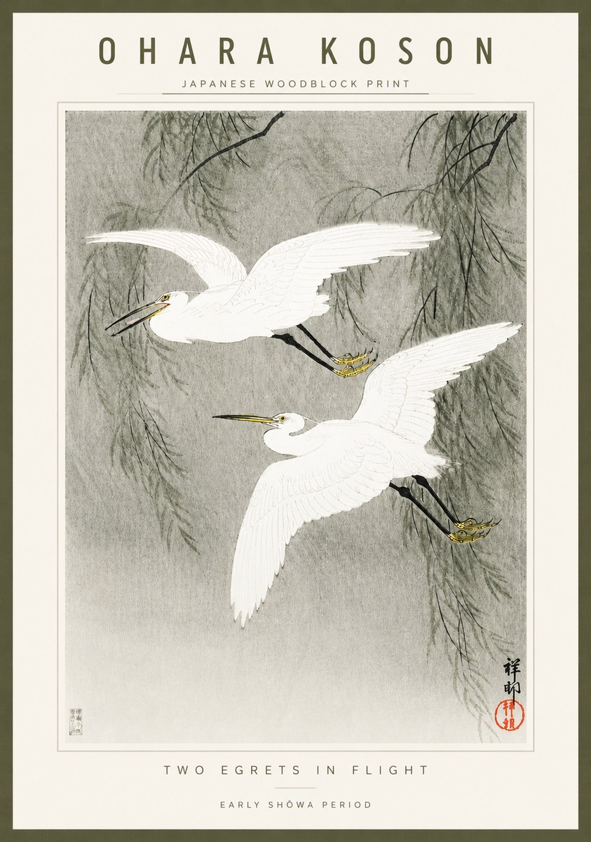 Ohara Koson Two Egrets in Flight No3 - Plakat
