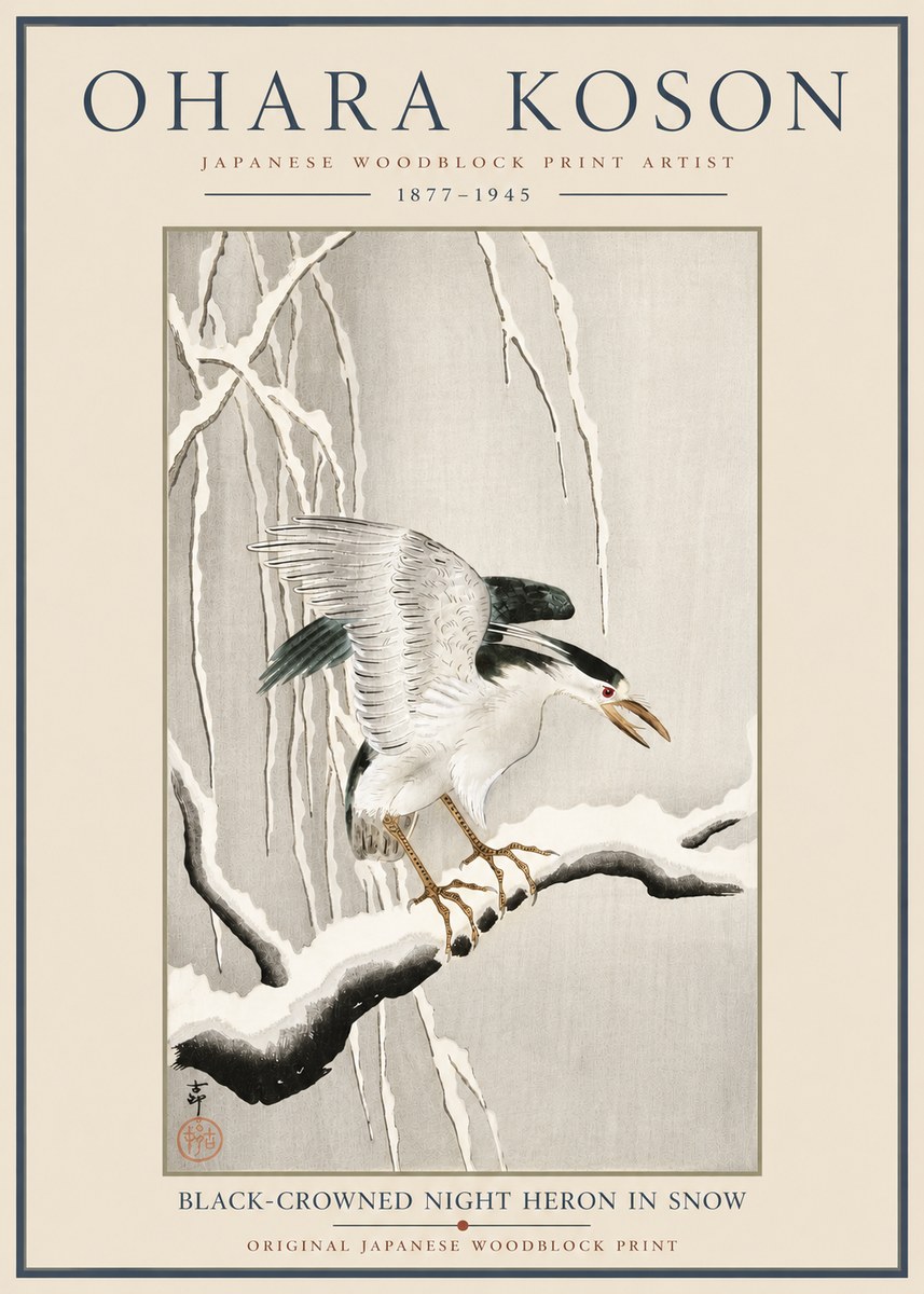 Ohara Koson Black-crowned Night Heron in Snow No6 - Plakat