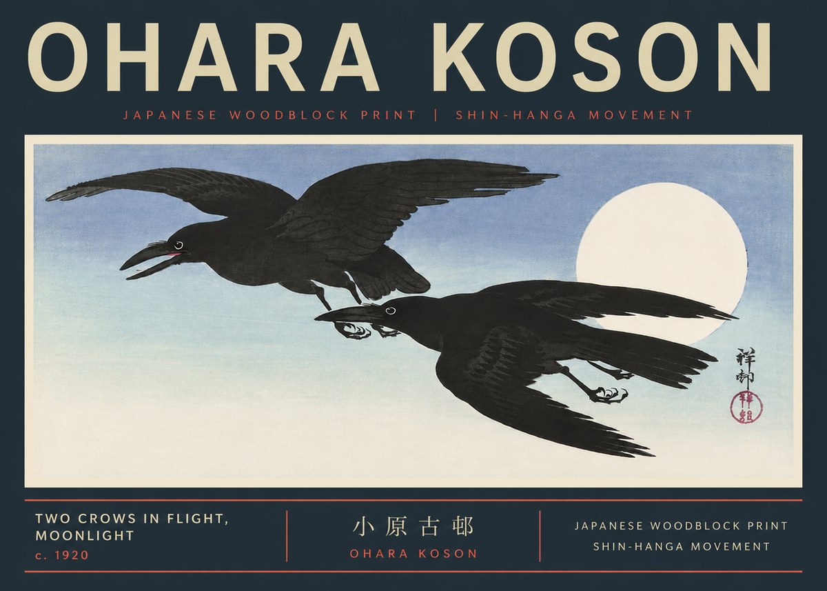 Ohara Koson Two Crows in Flight, Moonlight No6 - Plakat
