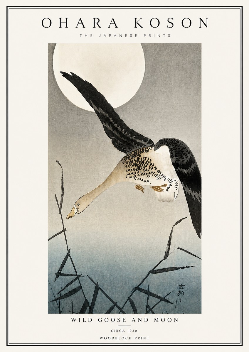 Ohara Koson Wild Goose and Moon No6 - Plakat