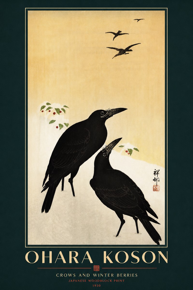 Ohara Koson Crows and Winter Berries No3 - Plakat